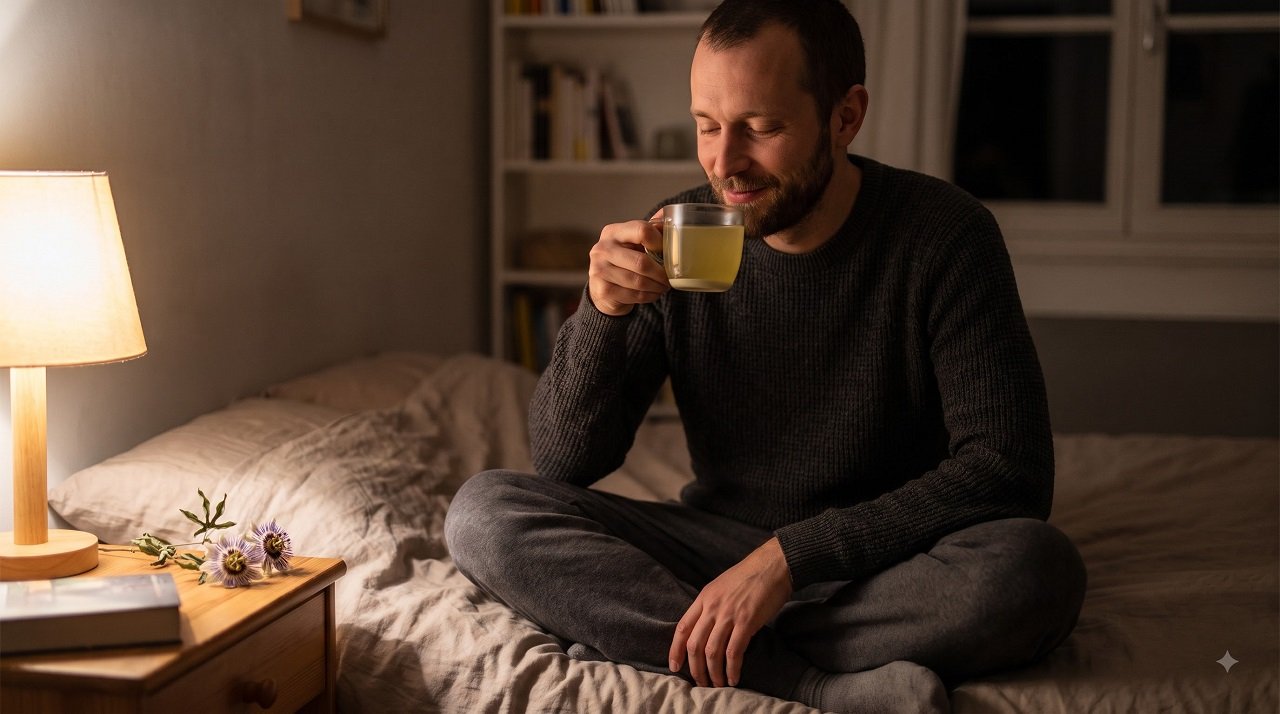 Man holding a warm mug of passionflower tea in bed at night before sleep