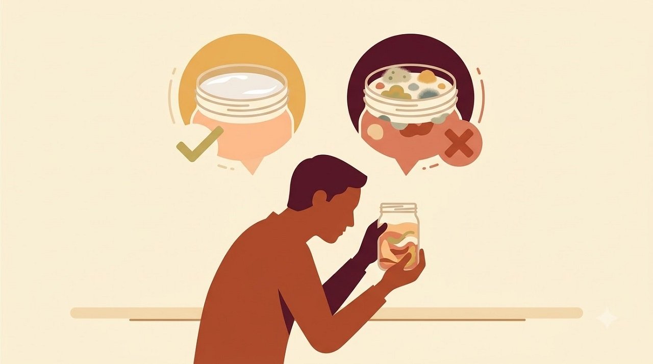 Illustration comparing harmless kahm yeast to mold on a fermented vegetable jar