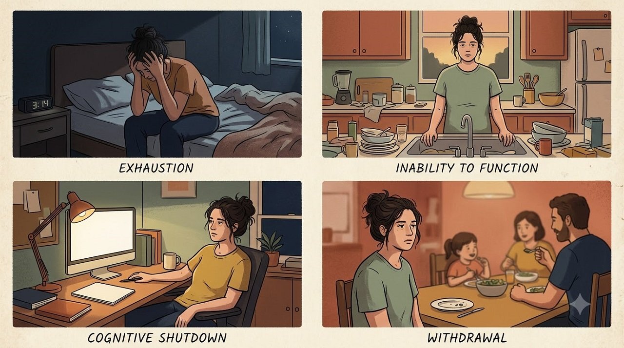 Four-quadrant illustration showing the signs of a nervous breakdown in women including exhaustion, inability to function, cognitive shutdown and withdrawal