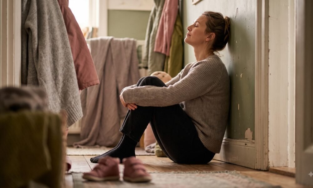 Woman sitting against a wall at home completely still with children's shoes in the background, representing the moment of collapse in a nervous breakdown