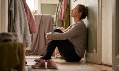 Woman sitting against a wall at home completely still with children's shoes in the background, representing the moment of collapse in a nervous breakdown