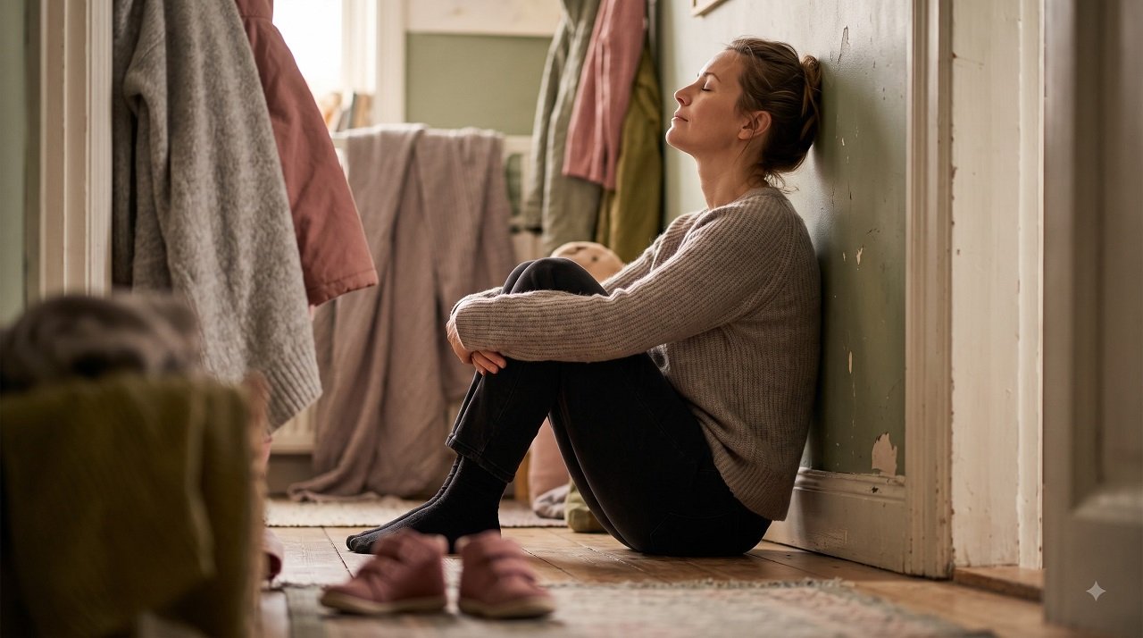 Woman sitting against a wall at home completely still with children's shoes in the background, representing the moment of collapse in a nervous breakdown