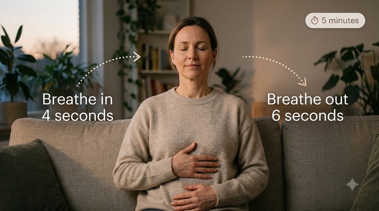 Woman practicing slow belly breathing while seated upright to support relaxation and digestion