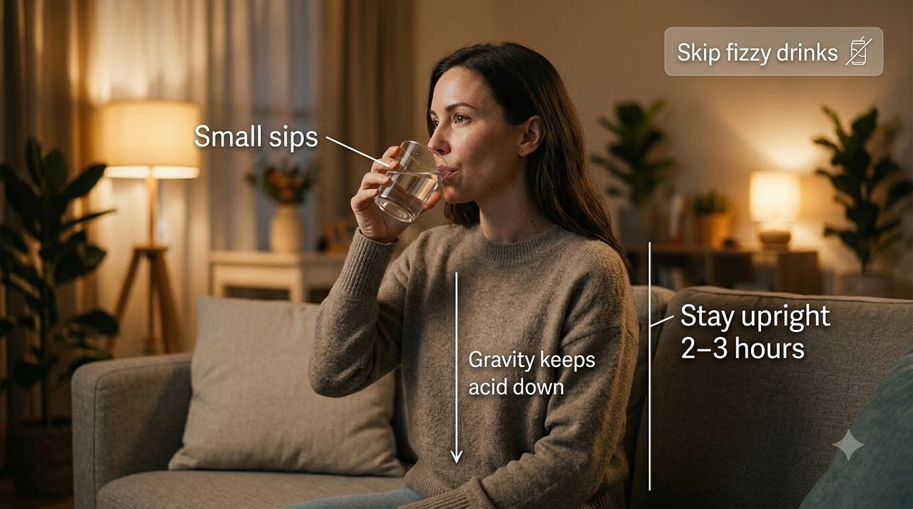 Woman sitting upright sipping water after drinking, with labels showing simple steps to ease alcohol-related heartburn