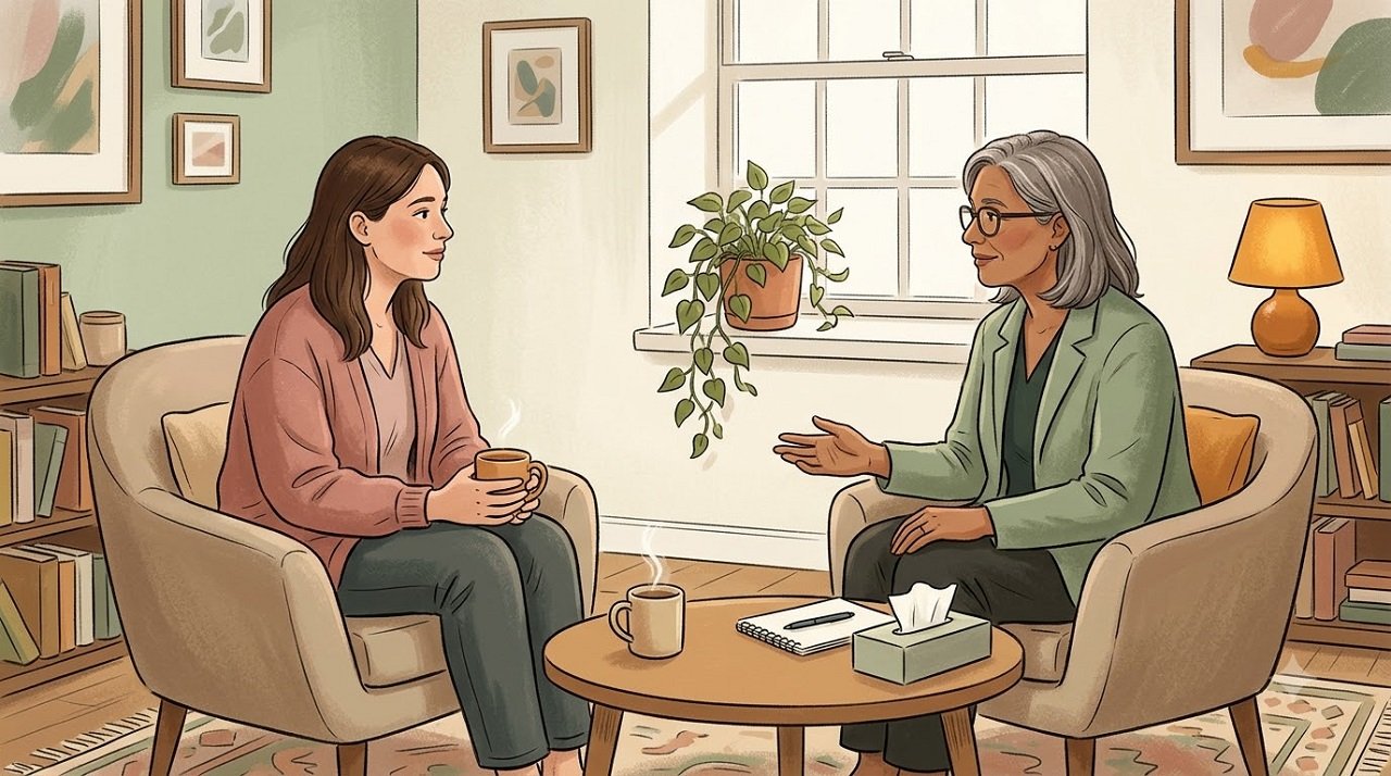 Illustration of a woman in calm conversation with a healthcare professional representing seeking help during a mental health crisis