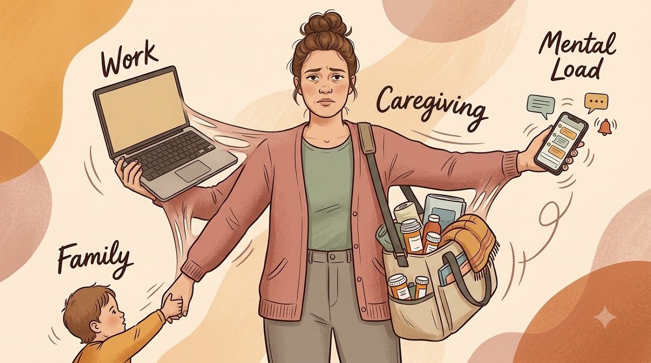 Illustration of a woman pulled in multiple directions by work, family, caregiving and mental load representing women's disproportionate vulnerability to mental health crisis